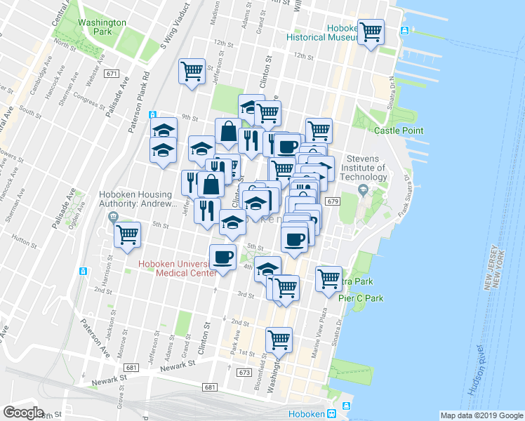 map of restaurants, bars, coffee shops, grocery stores, and more near in Hoboken