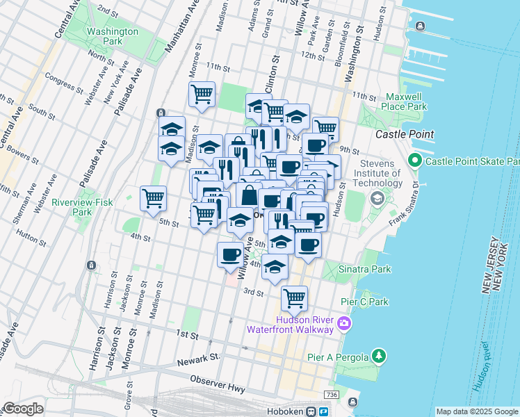 map of restaurants, bars, coffee shops, grocery stores, and more near in Hoboken