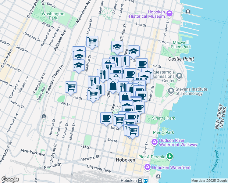 map of restaurants, bars, coffee shops, grocery stores, and more near in Hoboken