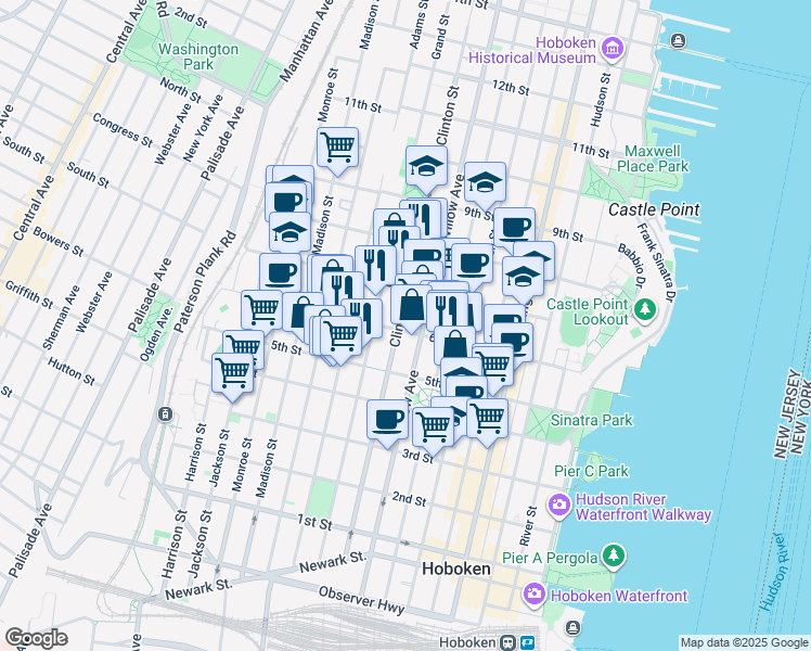map of restaurants, bars, coffee shops, grocery stores, and more near 358 6th Street in Hoboken