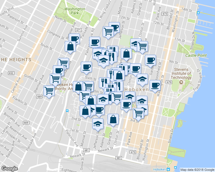 map of restaurants, bars, coffee shops, grocery stores, and more near 525 Madison Street in Hoboken