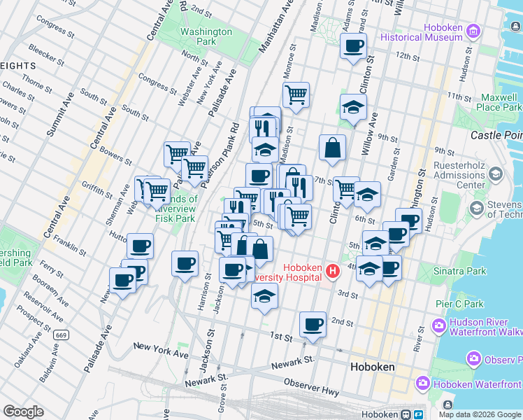 map of restaurants, bars, coffee shops, grocery stores, and more near 518 Monroe Street in Hoboken