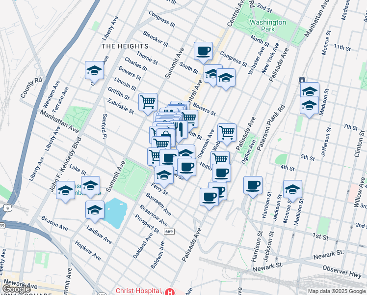 map of restaurants, bars, coffee shops, grocery stores, and more near 50 Cambridge Avenue in Jersey City