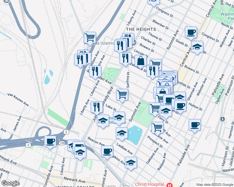 map of restaurants, bars, coffee shops, grocery stores, and more near 3284 John F. Kennedy Boulevard in Union City
