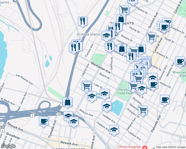 map of restaurants, bars, coffee shops, grocery stores, and more near 114 Carlton Avenue in Jersey City
