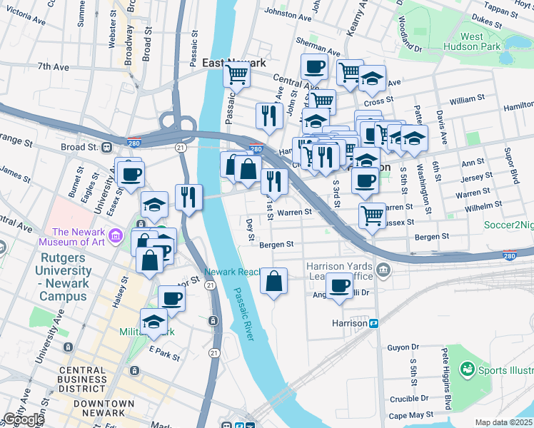 map of restaurants, bars, coffee shops, grocery stores, and more near 201 Dey Street in Harrison
