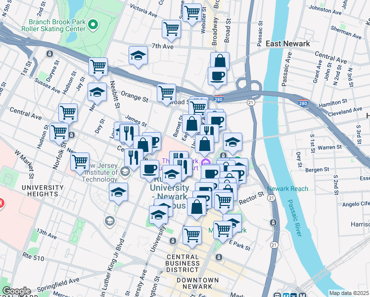map of restaurants, bars, coffee shops, grocery stores, and more near 58 James Street in Newark
