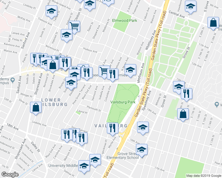 map of restaurants, bars, coffee shops, grocery stores, and more near 17 South Munn Avenue in Newark