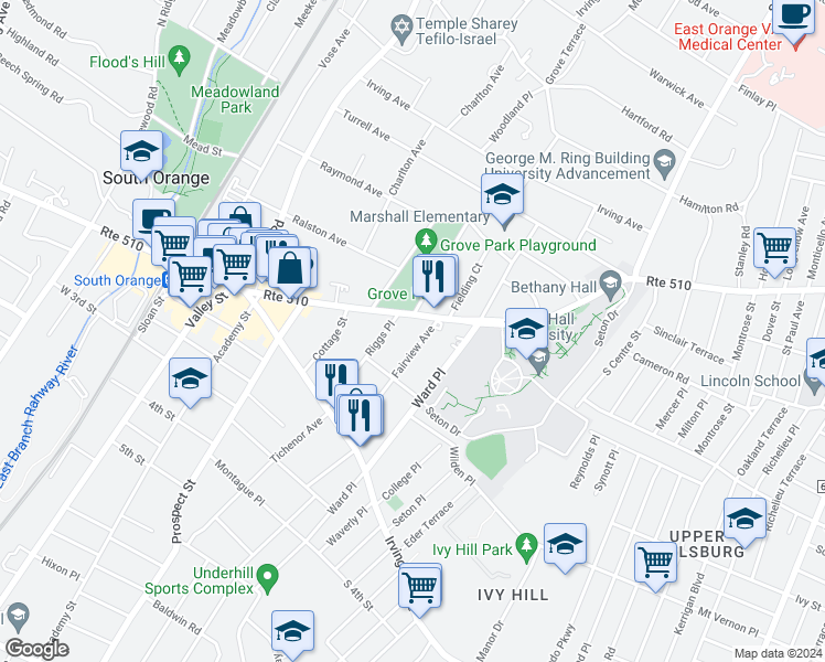 map of restaurants, bars, coffee shops, grocery stores, and more near in South Orange