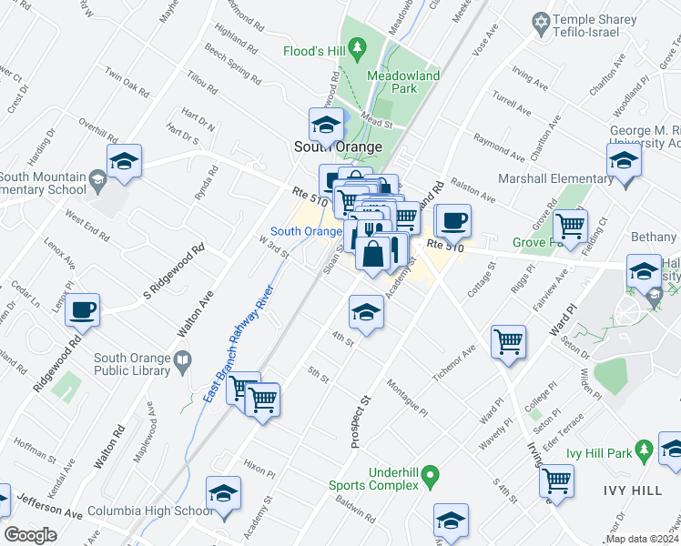 map of restaurants, bars, coffee shops, grocery stores, and more near 24 2nd Street in South Orange