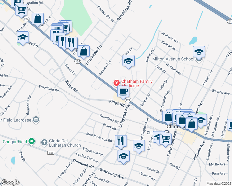 map of restaurants, bars, coffee shops, grocery stores, and more near 495 Main Street in Chatham