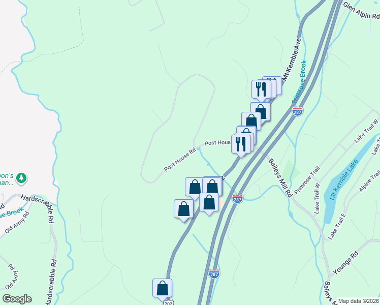 map of restaurants, bars, coffee shops, grocery stores, and more near 7 Post House Road in Morristown