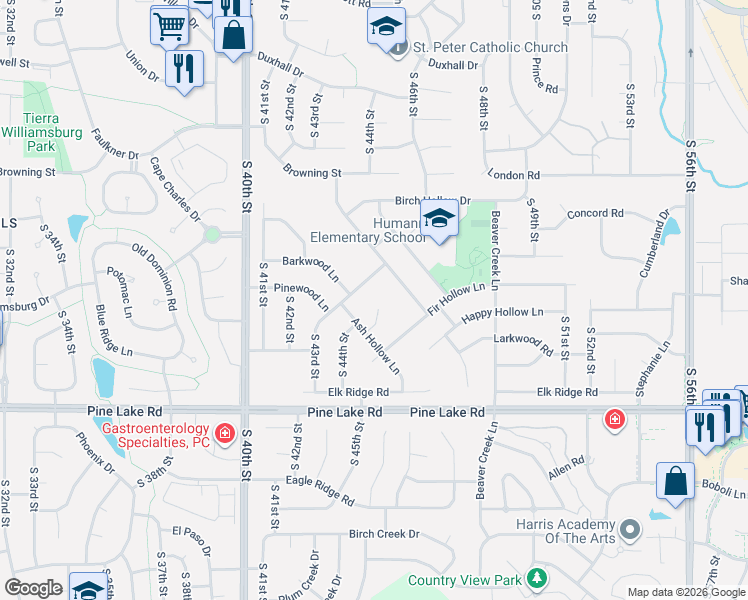 map of restaurants, bars, coffee shops, grocery stores, and more near 4317 Cripple Creek Road in Lincoln