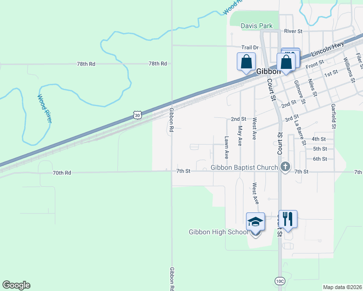 map of restaurants, bars, coffee shops, grocery stores, and more near in Gibbon