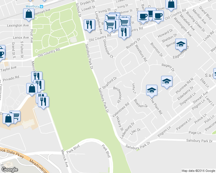 map of restaurants, bars, coffee shops, grocery stores, and more near 1900 Stratford Drive in Westbury