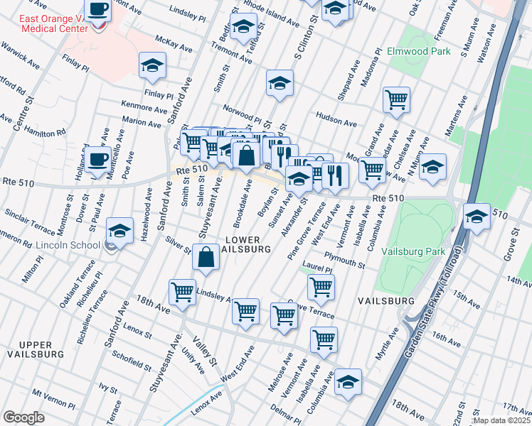 map of restaurants, bars, coffee shops, grocery stores, and more near 44 Boylan Street in Newark