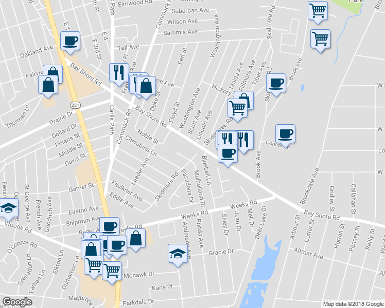 map of restaurants, bars, coffee shops, grocery stores, and more near 206 Skidmore Road in North Babylon
