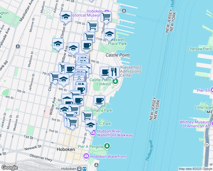 map of restaurants, bars, coffee shops, grocery stores, and more near 1 Castle Point Terrace in Hoboken