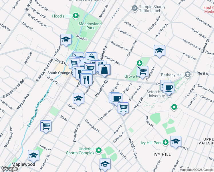 map of restaurants, bars, coffee shops, grocery stores, and more near 121 Irvington Avenue in South Orange