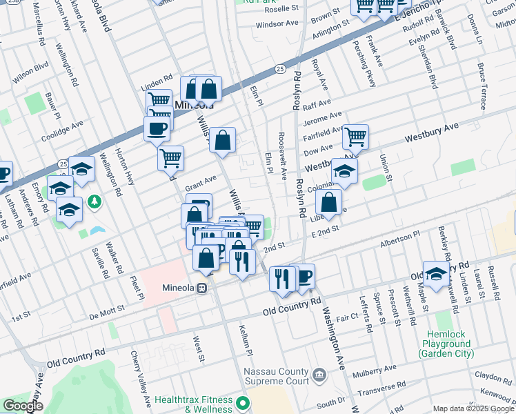 map of restaurants, bars, coffee shops, grocery stores, and more near 119 Searing Avenue in Mineola