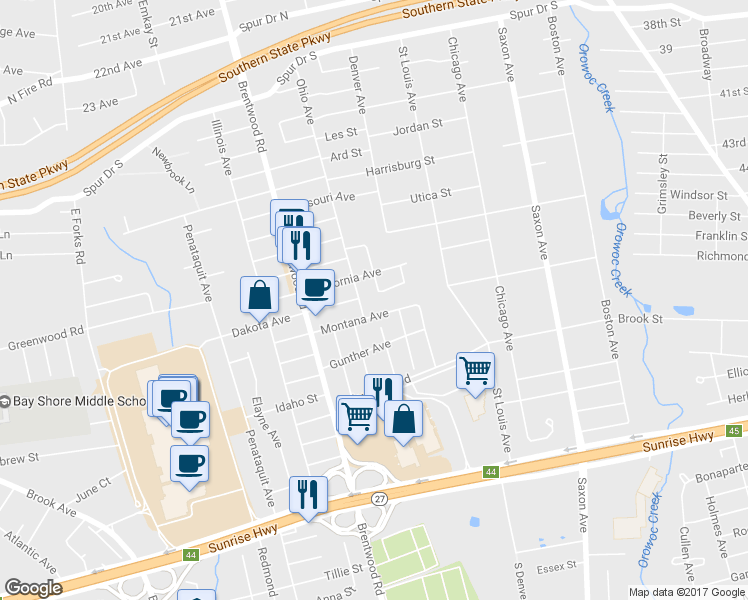 map of restaurants, bars, coffee shops, grocery stores, and more near 128 Junard Drive in Bay Shore