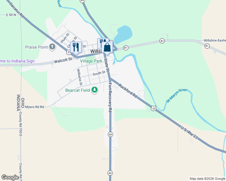 map of restaurants, bars, coffee shops, grocery stores, and more near 612 State Route 49 in Willshire