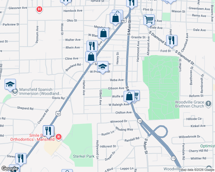 map of restaurants, bars, coffee shops, grocery stores, and more near 70 Gibson Ave in Mansfield