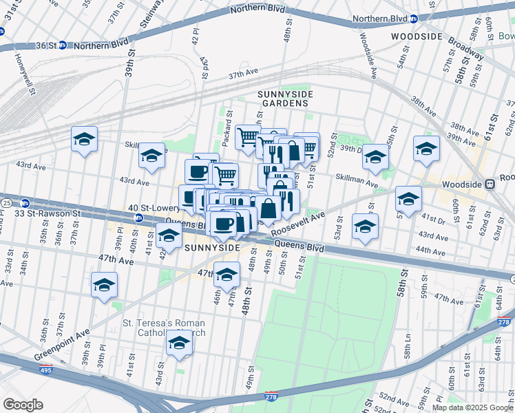 map of restaurants, bars, coffee shops, grocery stores, and more near 43-16 48th Street in Queens