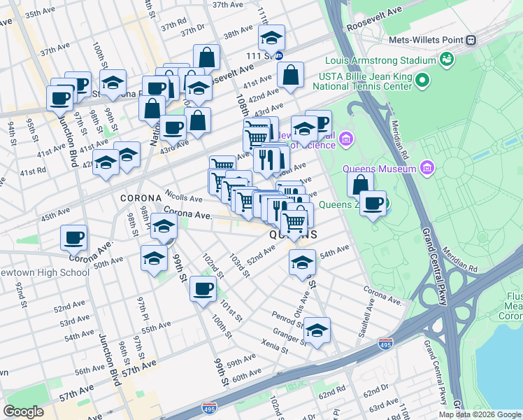 map of restaurants, bars, coffee shops, grocery stores, and more near 106-13 50th Avenue in Queens