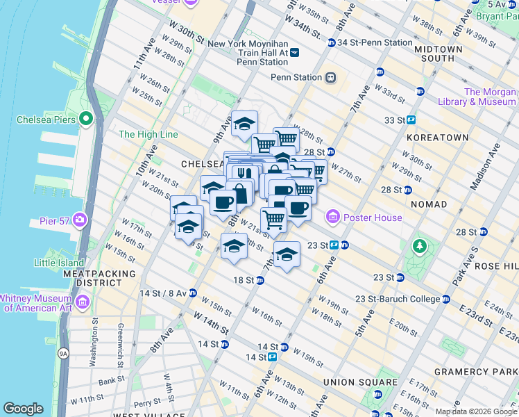 map of restaurants, bars, coffee shops, grocery stores, and more near 261 West 22nd Street in New York