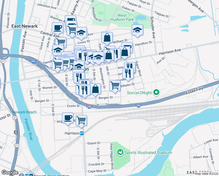 map of restaurants, bars, coffee shops, grocery stores, and more near 52 Washington Street in Harrison