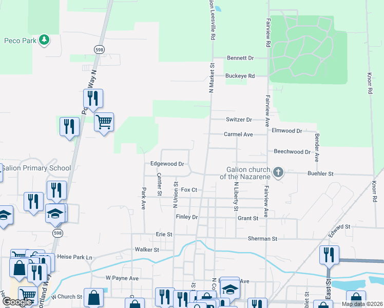 map of restaurants, bars, coffee shops, grocery stores, and more near 791 Bel Air Drive in Galion