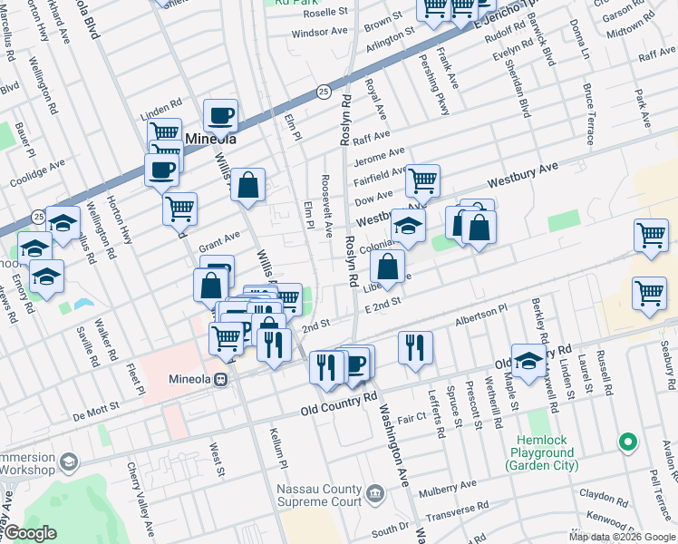 map of restaurants, bars, coffee shops, grocery stores, and more near 110 Roosevelt Avenue in Mineola