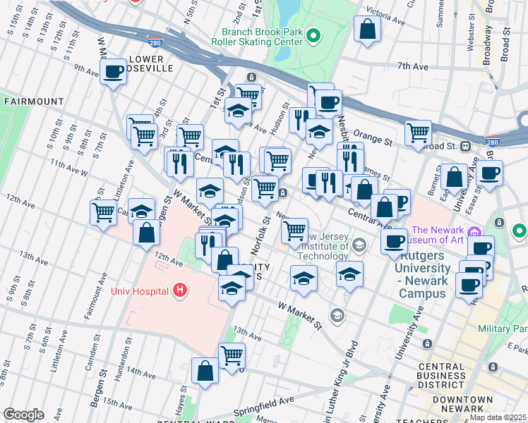 map of restaurants, bars, coffee shops, grocery stores, and more near 310 New Street in Newark