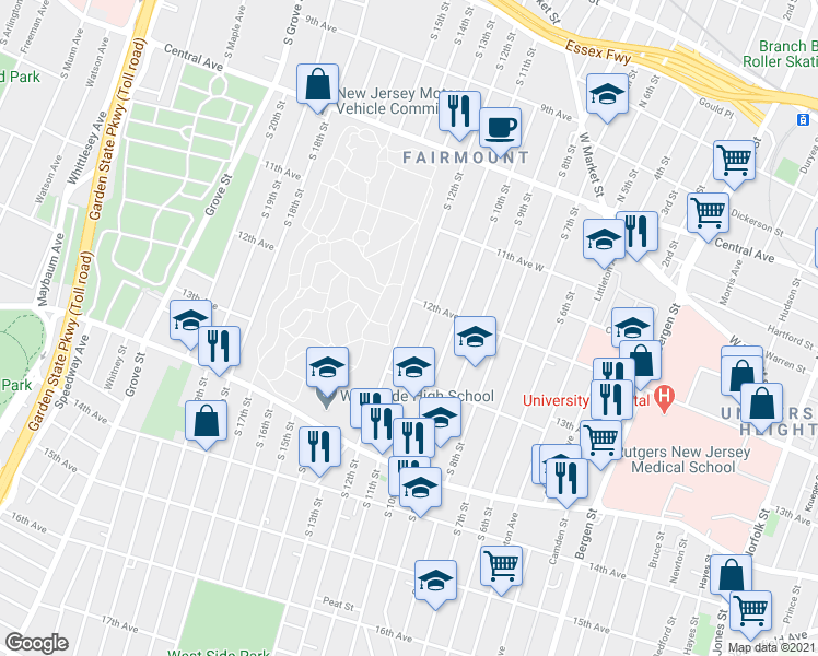 map of restaurants, bars, coffee shops, grocery stores, and more near 284 South 12th Street in Newark