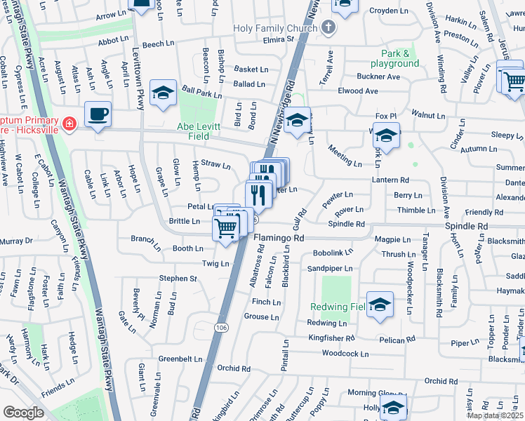 map of restaurants, bars, coffee shops, grocery stores, and more near 26 West Village Green in Hicksville