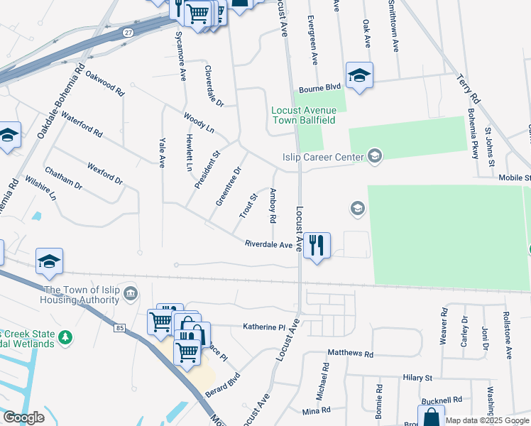 map of restaurants, bars, coffee shops, grocery stores, and more near 11 Trout Street in Oakdale