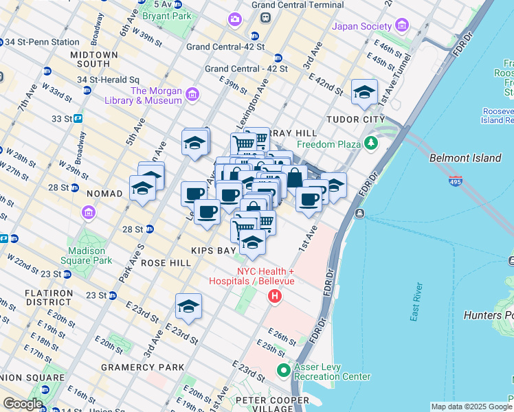 map of restaurants, bars, coffee shops, grocery stores, and more near 234 East 33rd Street in New York