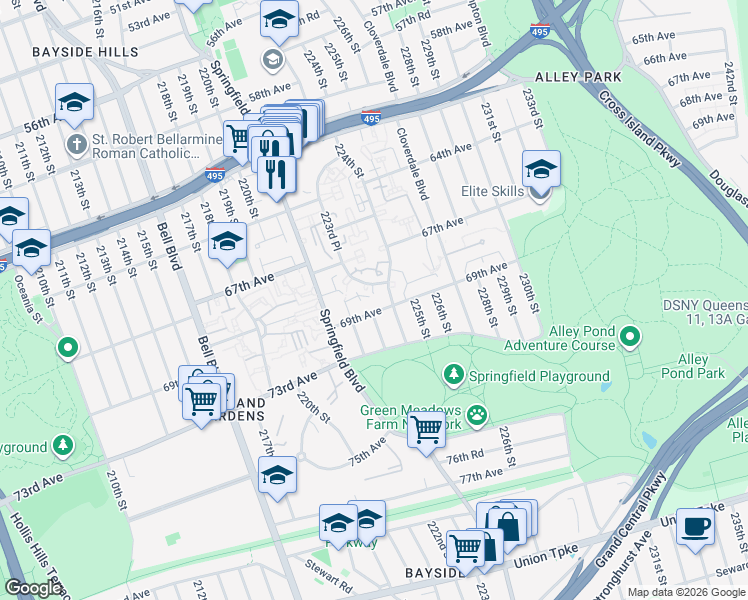 map of restaurants, bars, coffee shops, grocery stores, and more near 223-05 69th Avenue in Queens