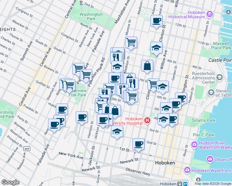 map of restaurants, bars, coffee shops, grocery stores, and more near 518 Monroe Street in Hoboken
