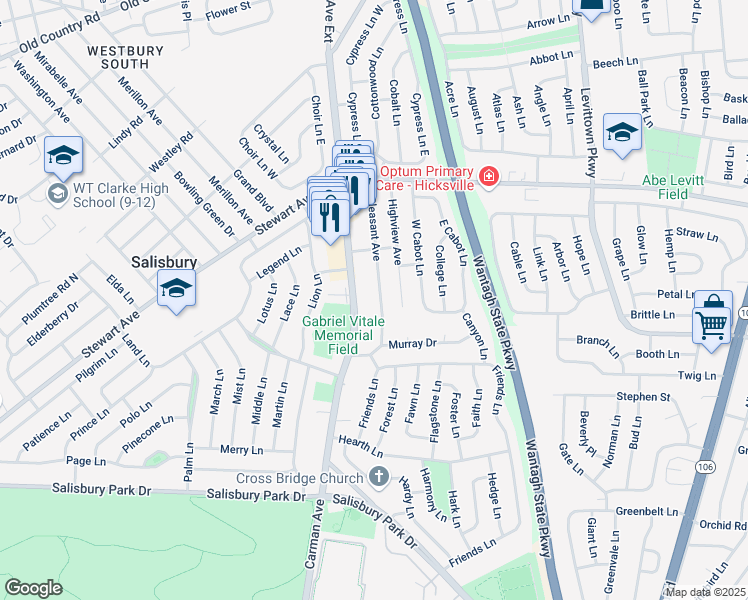 map of restaurants, bars, coffee shops, grocery stores, and more near 719 Pleasant Avenue in Westbury