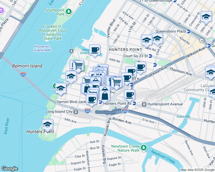 map of restaurants, bars, coffee shops, grocery stores, and more near 10-26 47th Road in Queens