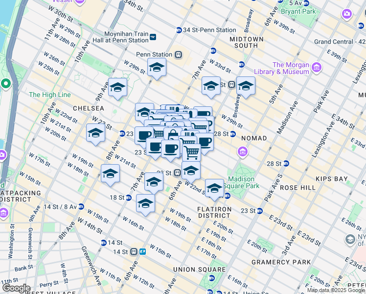 map of restaurants, bars, coffee shops, grocery stores, and more near 124 West 25th Street in New York