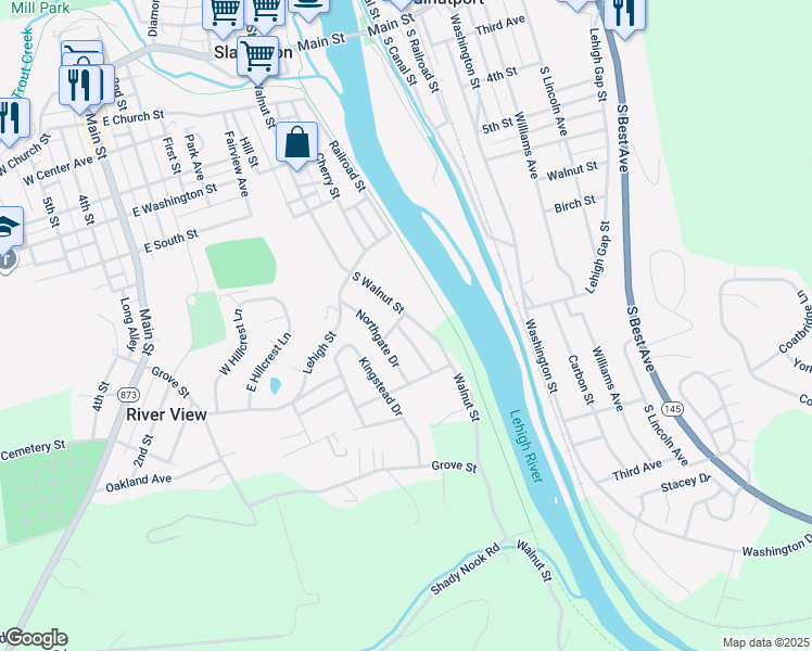map of restaurants, bars, coffee shops, grocery stores, and more near 500 South Walnut Street in Slatington