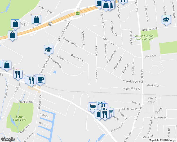 map of restaurants, bars, coffee shops, grocery stores, and more near 5205 Wilshire Lane in Oakdale
