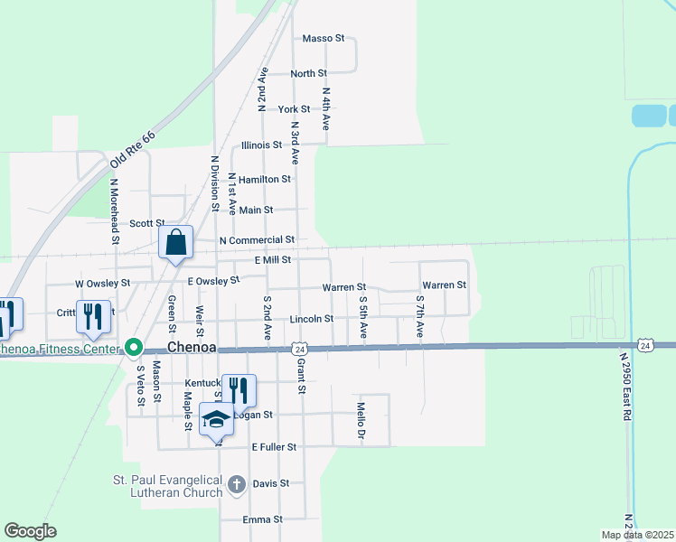map of restaurants, bars, coffee shops, grocery stores, and more near 115 South 4th Avenue in Chenoa