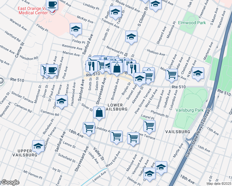 map of restaurants, bars, coffee shops, grocery stores, and more near 52 Brookdale Avenue in Newark