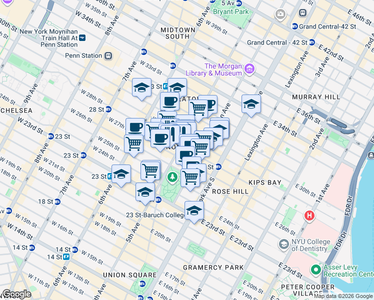 map of restaurants, bars, coffee shops, grocery stores, and more near 3 East 28th Street in New York