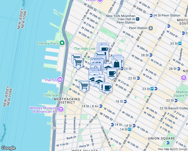 map of restaurants, bars, coffee shops, grocery stores, and more near 159 9th Avenue in New York