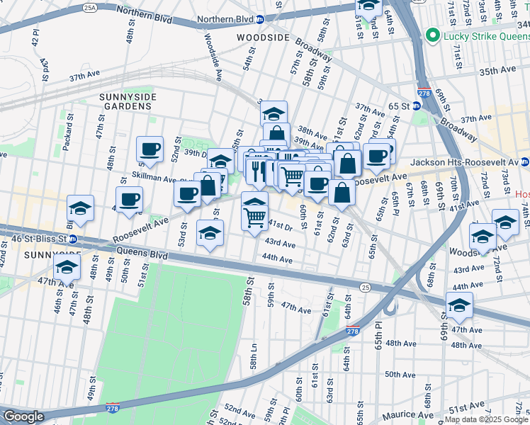 map of restaurants, bars, coffee shops, grocery stores, and more near 41-01 58th Street in Queens